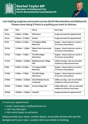 List of Surgery Dates for Rachel Taylor, MP